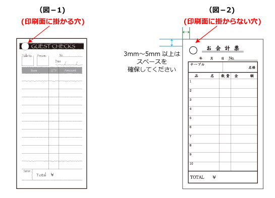 複写式 お会計伝票の穴あけの位置に付いて 印刷面に掛かる穴 印刷面に掛からない穴