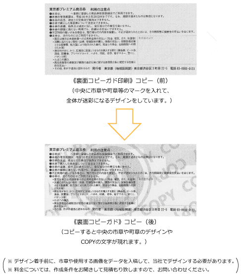 (図−５・６ 偽造防止がより効果的な全面コピーガードと部分コピーガード印刷