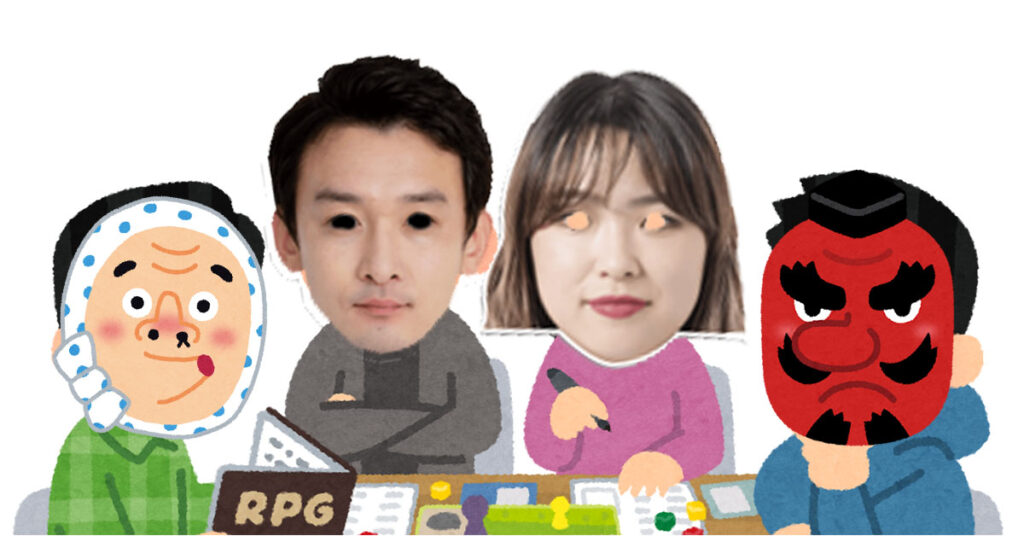 紙お面をかぶってみんなでゲームしているイメージ