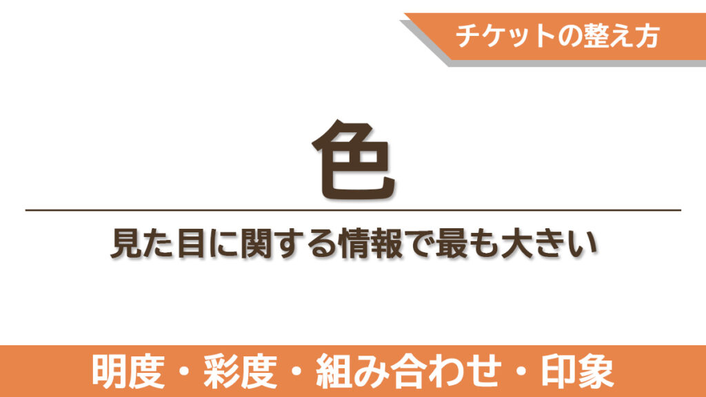 チケットデザインの色選びで重要な明度・彩度・色数・雰囲気の4ポイントをまとめた章のタイトル画像