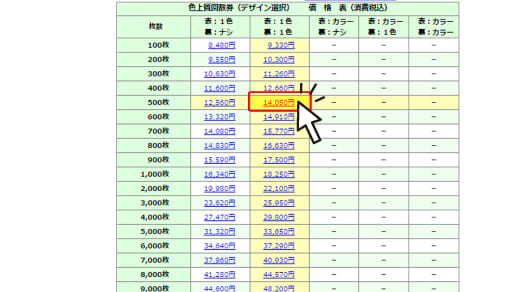 色上質紙　　回数券　作成　印刷　料金選択