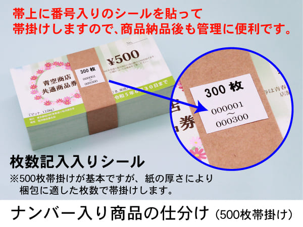 お食事券,割引券,サービス券など ナンバー入り商品の仕分け 枚数記入入りシール 500枚帯掛け