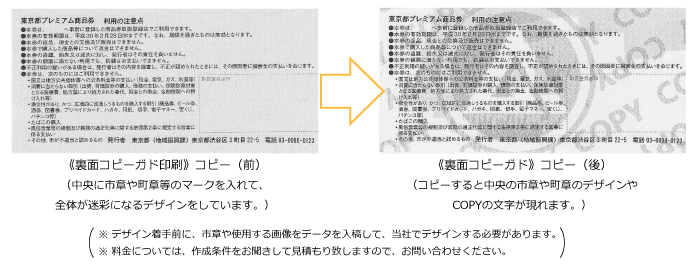 (図−５・６ 偽造防止がより効果的な全面コピーガードと部分コピーガード印刷 裏面